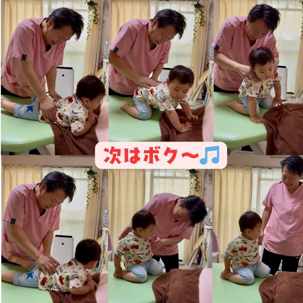 ベッドの上で背骨の調整を喜ぶ小さなお子さんの様子｜江口長生治療院
